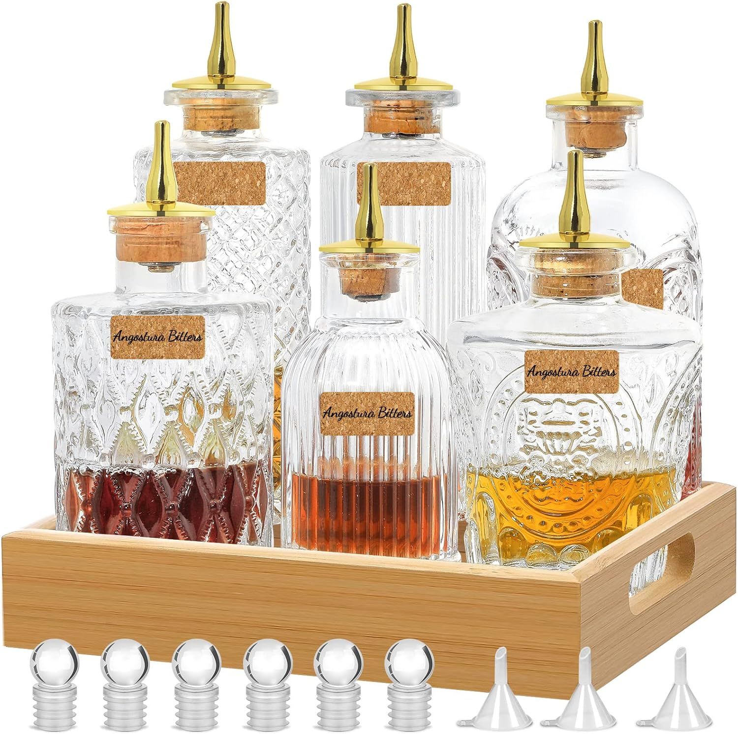 Bitters Bottle for Cocktail Set of 6 Glass Bottle with Display Tray Vantage Decorative Bottles Pe... | Amazon (US)