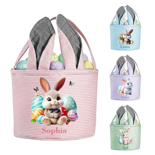 Personalized Easter Baskets with Name - Custom Bunny Easter Basket Gifts for Girls Boys Kids,Customized Easter Egg Hunt Bag (PINK 3) | Amazon (US)