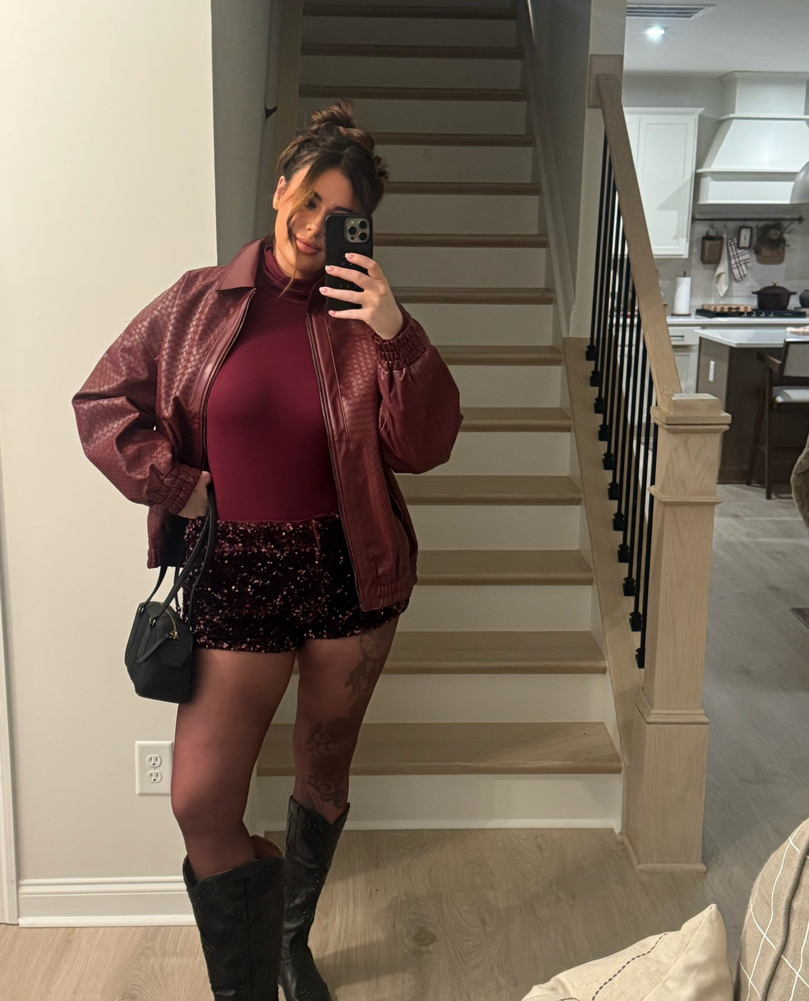 Burgundy holiday party outfit! Linked similar shorts! Wearing large jacket, large top, large (12) shorts! 

#LTKTall #LTKHoliday #LTKMidsize