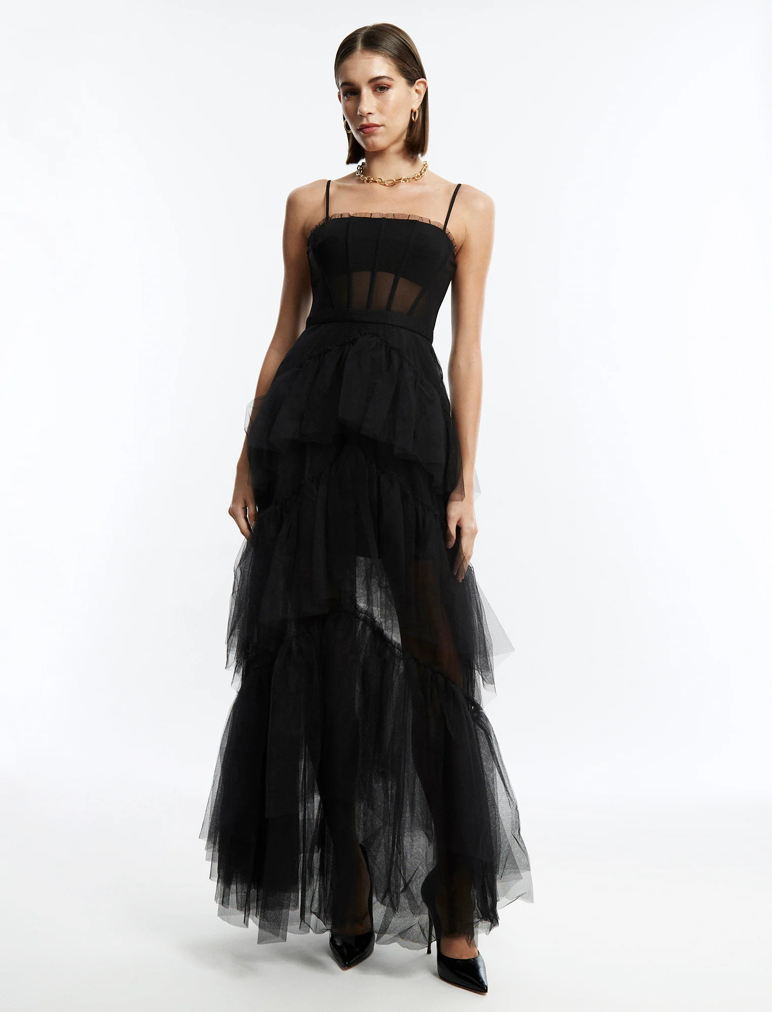 Black Oly Tiered Ruffle Tulle Gown | Dresses | BCBGMAXAZRIA | BCBG Max Azria 
