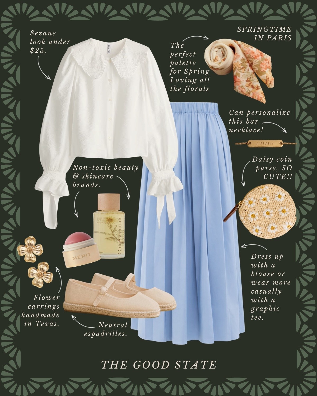 This collection is for the Spring girlies. The ones longing for the warmth of sunshine on their skin and a cool breeze blowing through their hair. Shorts and a sweatshirt weather. A flowy dress and a light cardigan. This is for the ladies counting down the days until the farmers market opens back up. The ones who love early mornings at the market—flaky croissant in one hand and a rosemary latte in the other. This is for the ones who can’t resist a bouquet of fresh flowers and are trying to figure out how to grow their own cut flower garden at home. For the ones who spend the golden evenings having a picnic with friends. For the people (like me) who always have a picnic blanket in their car. This is for the girlies love allllll things gingham, their trusty ball cap, pops of color  and who firmly believe you can’t have too many neck scarves or bandanas. For the ones who love feminine details like lace trim, dainty florals and ruffles. This Spring may we slow down, breathe deep, embrace the life all around and romanticize the seemingly ordinary moments🌼

#springstyle #classicstyle #springoutfit #farmersmarket #preppystyle 

Ballet flats merit flower earrings scarves blouse skirt scarves coin pouch sandals j crew Abercrombie 

#LTKootd #LTKActive #LTKSaleAlert