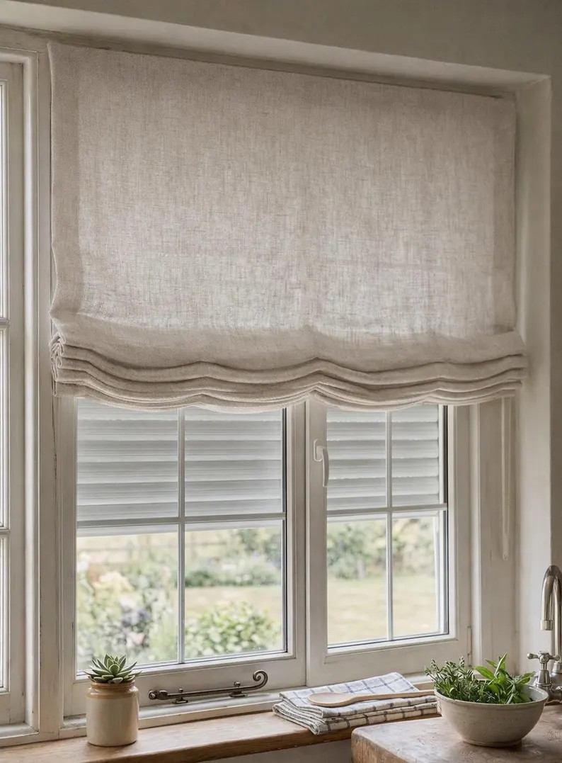 Custom Relaxed Roman Shade, Faux Linen Light Filtering Blind, Neutral Window Treatment | Etsy (Global)