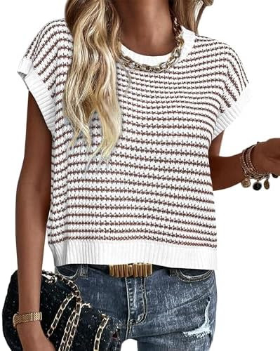 PRETTYGARDEN Womens Short Sleeve Sweater Spring Summer 2026 Round Neck Striped Pullover Cap Sleev... | Amazon (US)