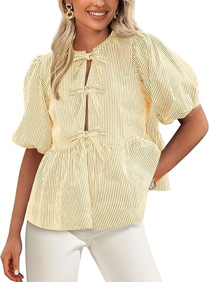 PRETTYGARDEN Women's Summer Tie Front Striped Shirt Trendy Cute Babydoll Tops Fashion Peplum Puff... | Walmart (US)