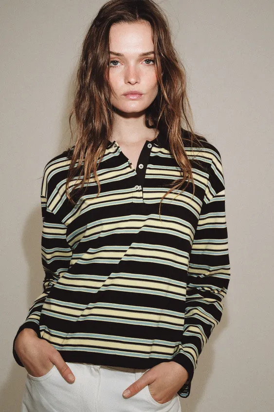STRIPED LONG SLEEVE POLO SHIRT | Zara UK