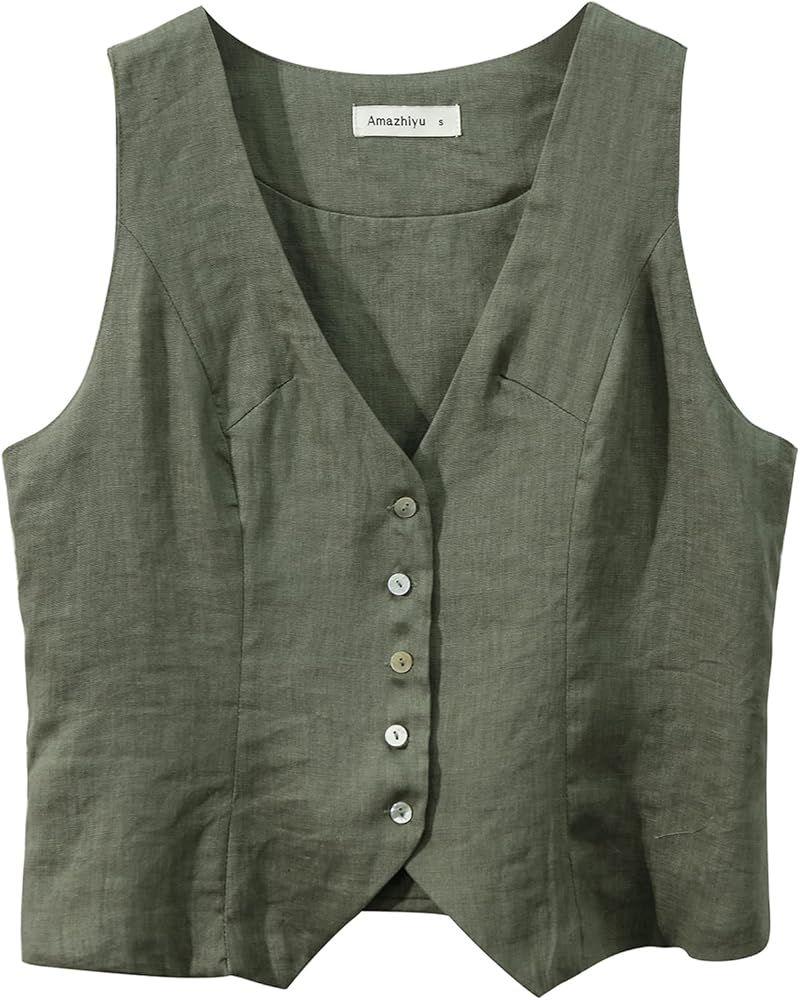 Amazhiyu Womens Pure Linen Sleeveless Button Down Crop Top V Neck Waistcoat Vest | Amazon (US)