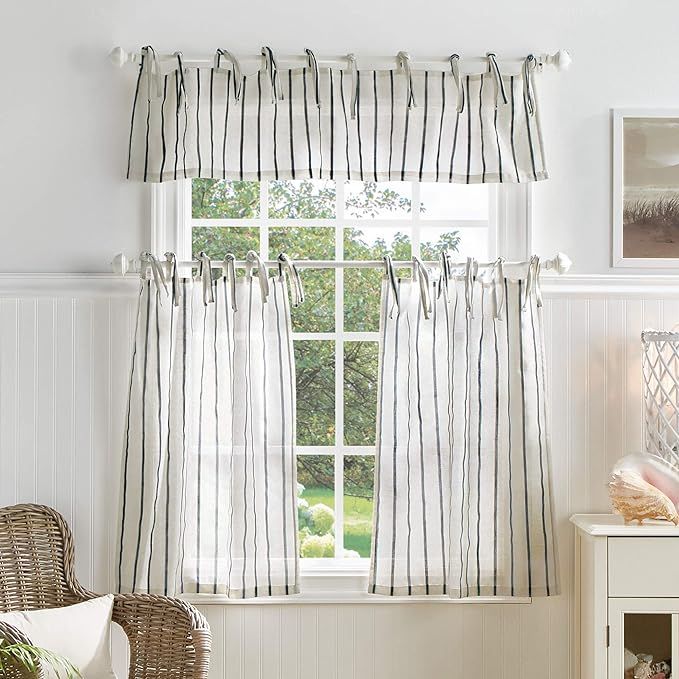 Martha Stewart Laguna Stripe Semi-Sheer Tie Tab Window Curtain Valance and Tiers Set, Navy | Amazon (US)