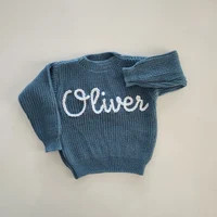 Hand Embroidered Baby/toddler Name Sweater in Grey Blue With White/tan Yarn - Etsy | Etsy (US)