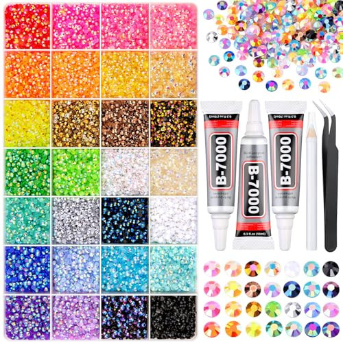 34000Pcs Resin Rhinestones for Bedazzling Kit, Mixed-Color 3mm Bedazzled Crystal with 3Pcs 10ml B7000 Jewelry Glue, Flatback Gems for DIY Crafts Clothing Nail Art Makeup | Amazon (US)