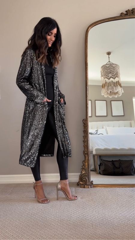 My faux leather leggings are on sale! 20% off. I’m just shy of 5’7 wearing the size small sequin duster  and size small leggings, I sized up! 
Holiday style, sequin style, sale, StylinByAylin 

#LTKunder100 #LTKstyletip #LTKCyberweek