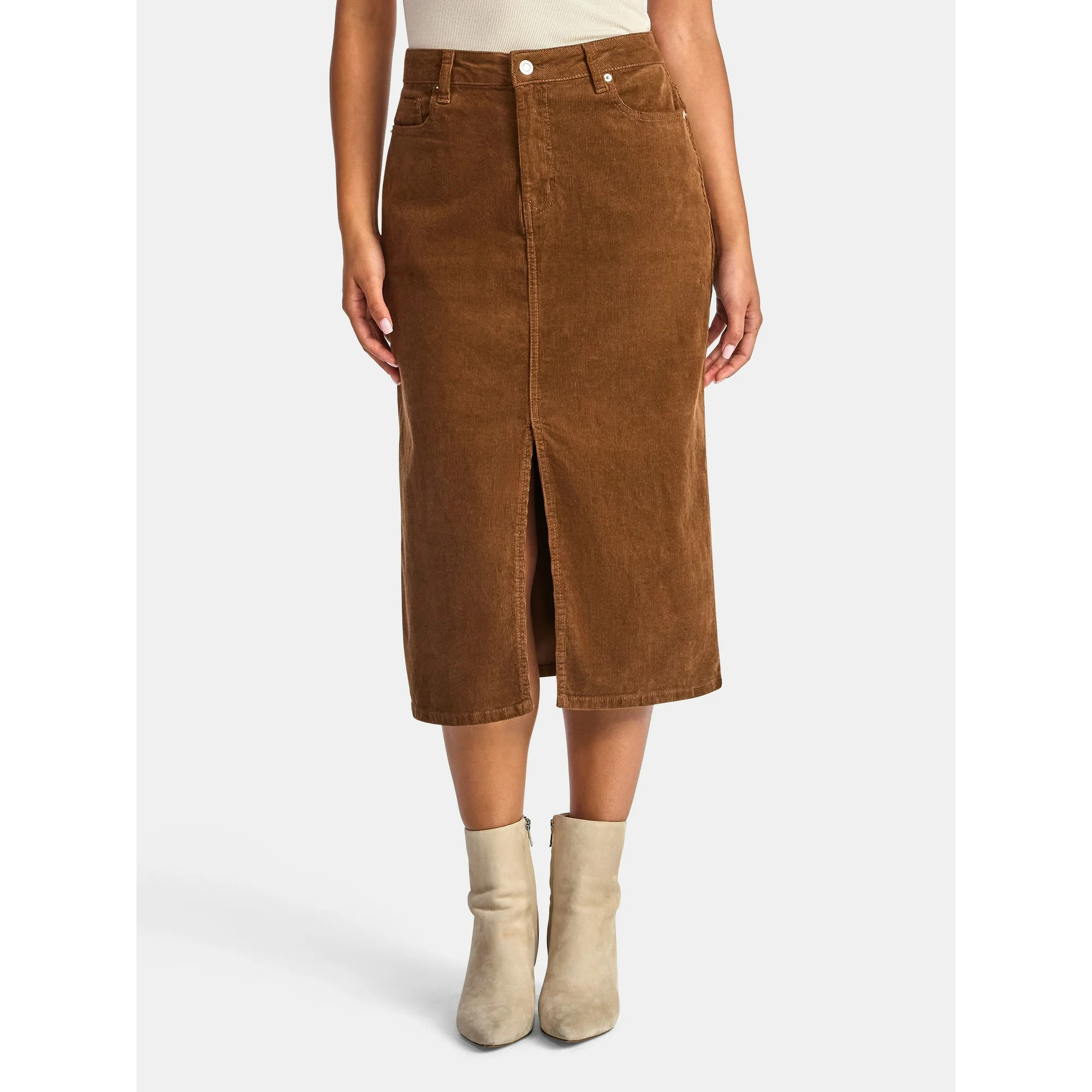 Time and Tru Women's Corduroy Midi Skirt with Front Slit, Sizes 0-20 | Walmart (US)