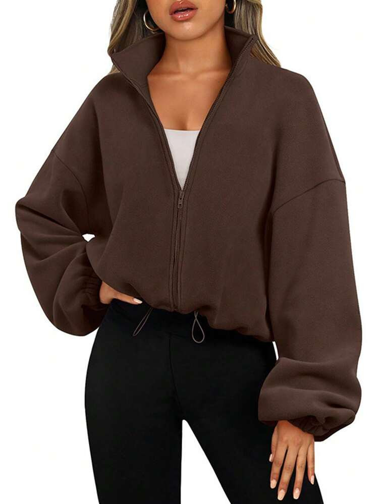 Women's Spring Fleece Crop Jacket With Zipper And Drawstring | SHEIN