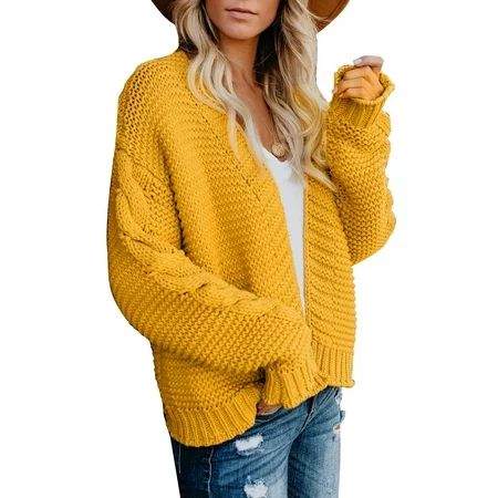 Aleumdr Women Open Front Sweaters Long Sleeve Yellow Chunky Knit Cardigan Outwear with Pockets M | Walmart (US)