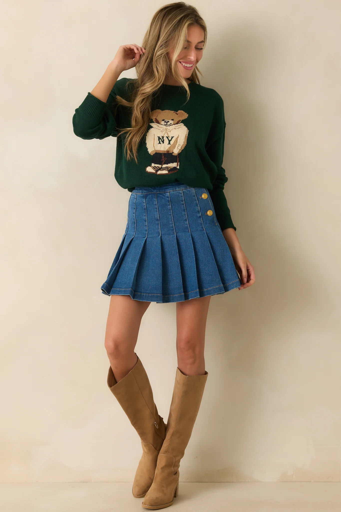 Don’t Wait Around Hunter Green Teddy Bear Graphic Crewneck Sweater | Red Dress