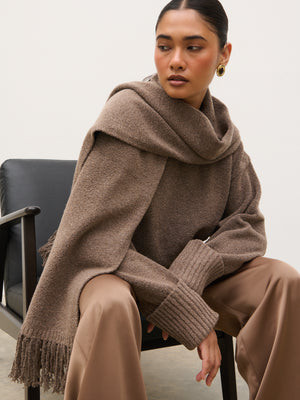 Camille Fringe Knit Scarf - Mocha | Pretty Lavish (UK)