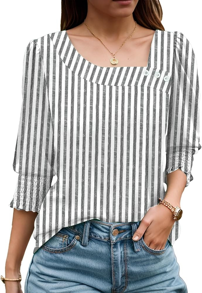 ETCYY NEW Womens Tops Dressy Casual Shirts 3/4 Length Sleeve Blouses for Women with Smocked Cuffs | Amazon (US)