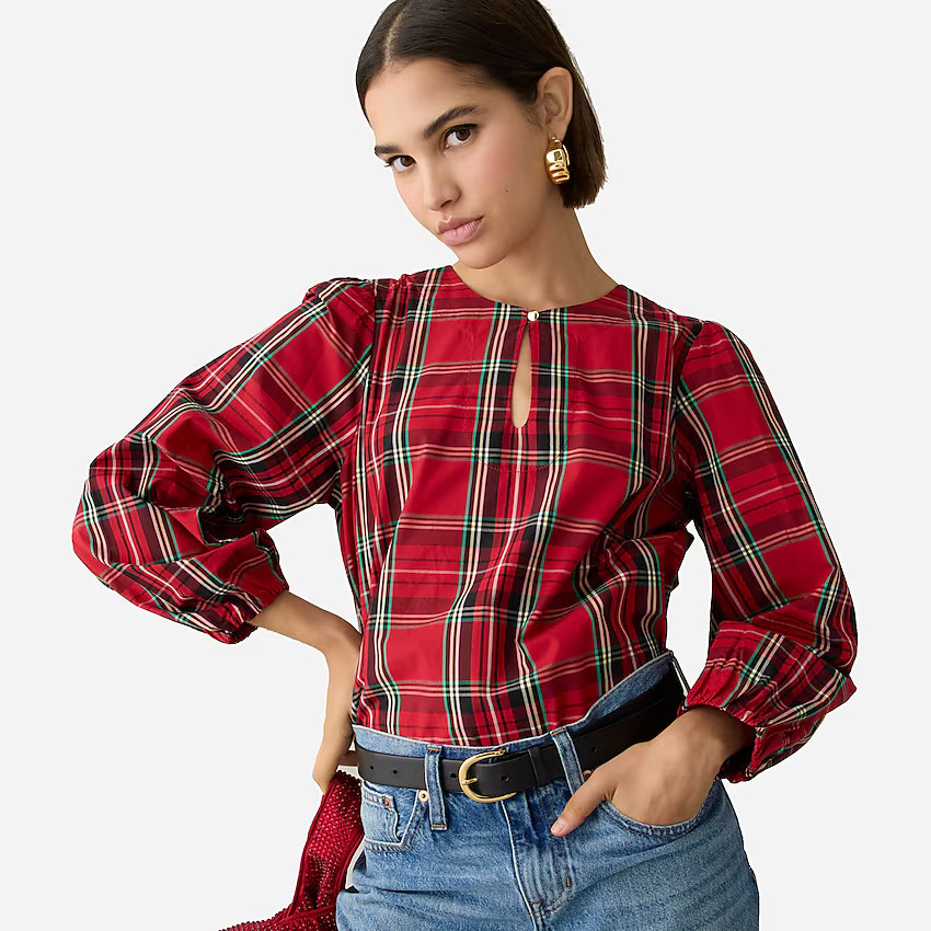 Puff-sleeve poplin top in Good Tidings plaid | J. Crew US