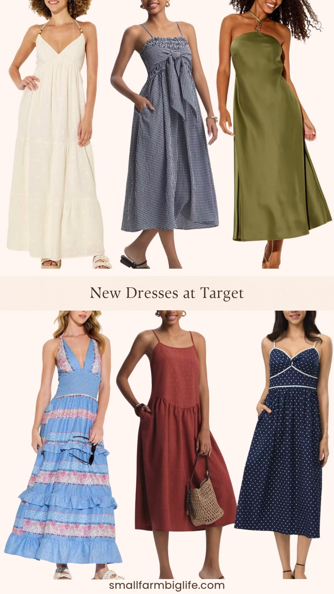 Target is delivering some really pretty dresses for summer and this new drop has so many good options. The navy gingham smocked bodice midi is so classic and the rust drop waist midi is such a flattering silhouette right now. I love the gauze halter maxi in cream for a casual beach day look and the satin halter maxi in olive green for something a little more elevated. The tiered ruffle maxi in blue and pink floral and the navy polka dot twist front midi round out the collection perfectly for anyone who loves a feminine summer dress. All at Target prices so tap to shop! 

 #LTKootd #LTKSeasonal #LTKOver40