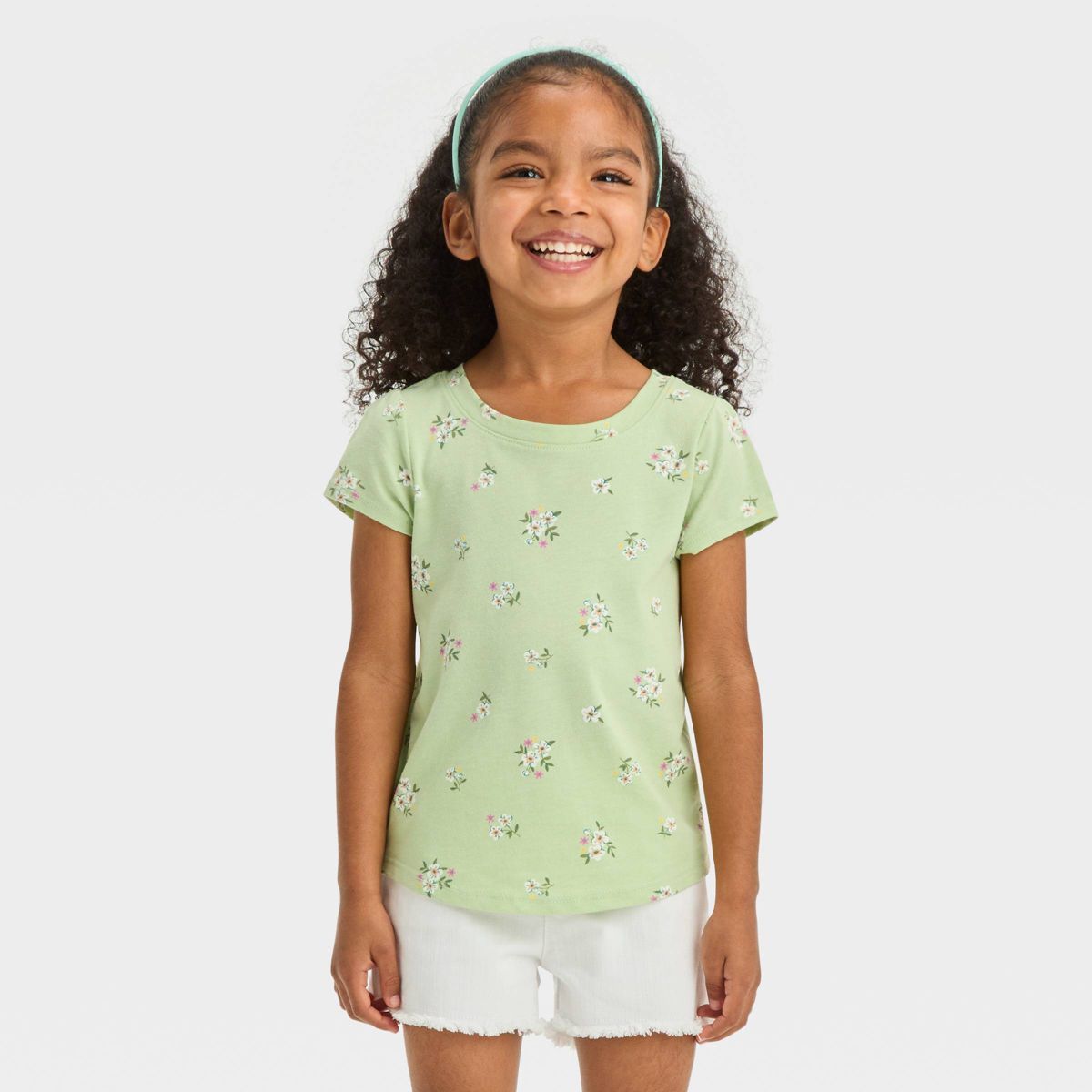 Toddler Girls' Floral Short Sleeve T-Shirt - Cat & Jack™ Green 3T: Ruffle Eyelet Sleeves, Jerse... | Target