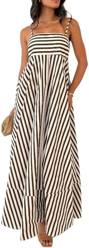 NUFIWI Women Summer Striped Maxi Dress Spaghetti Strap Cutout Ruffle Long Dress Flowy Swing Beach... | Amazon (US)