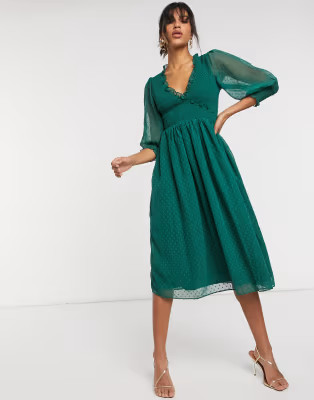 ASOS DESIGN shirred dobby midi dress in forest green | ASOS (Global)