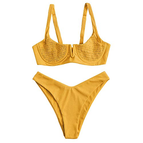 ZAFUL Women's Ribbed Underwire Bikini High Cut V Notch Smocked Swimwear Printed High Leg Swimsuit | Amazon (US)