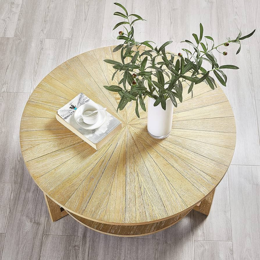 Round Oak Wood Coffee Table, Natural Boho Round Wooden Coffee Tables Living Room with Storage, So... | Amazon (US)