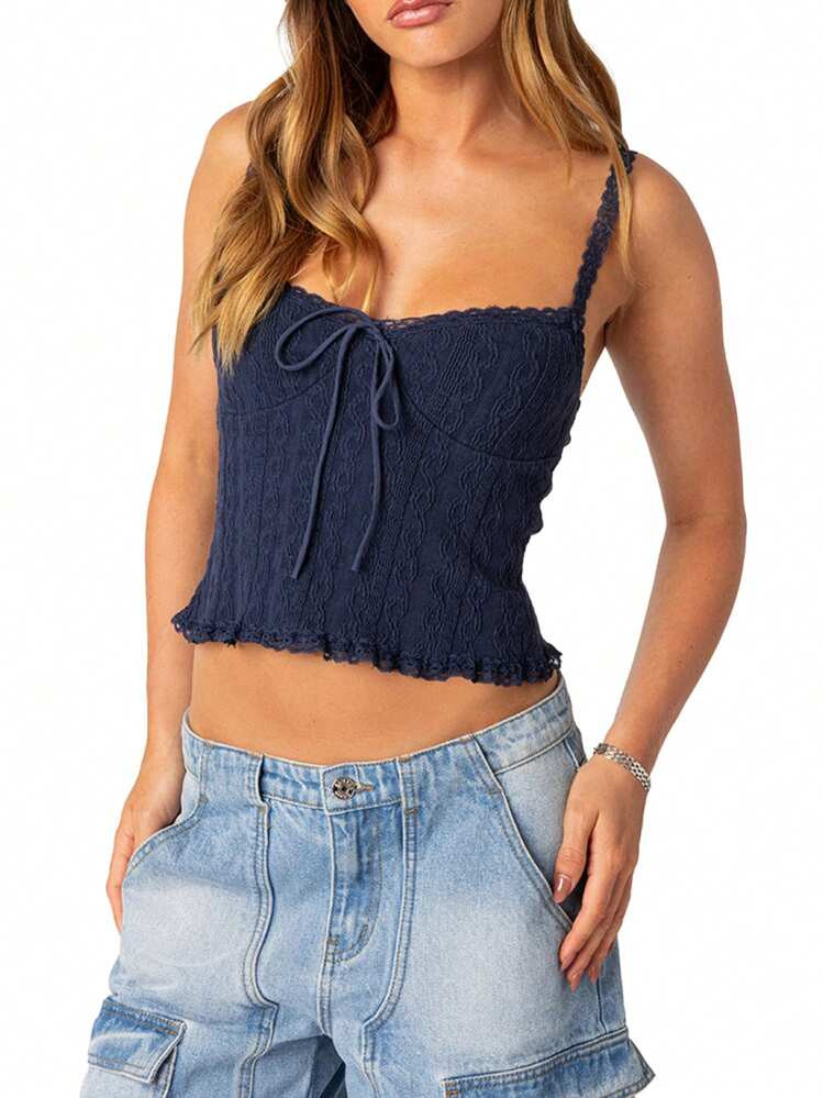 Women Crop Lace Camisole Solid Color Summer Spaghetti Strap Tank Tops Sleeveless T-Shirt For Stre... | SHEIN