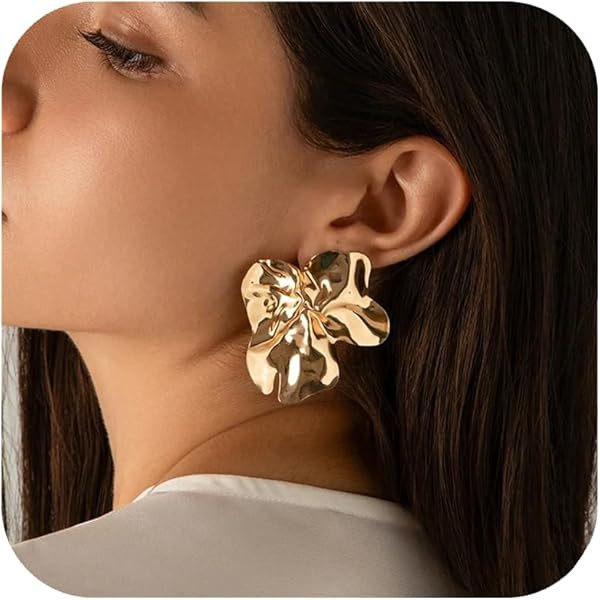Big Gold Flower Statement Earrings for Women, 14K Gold Plated Chunky Unique Starfish Leaf Floral ... | Amazon (US)