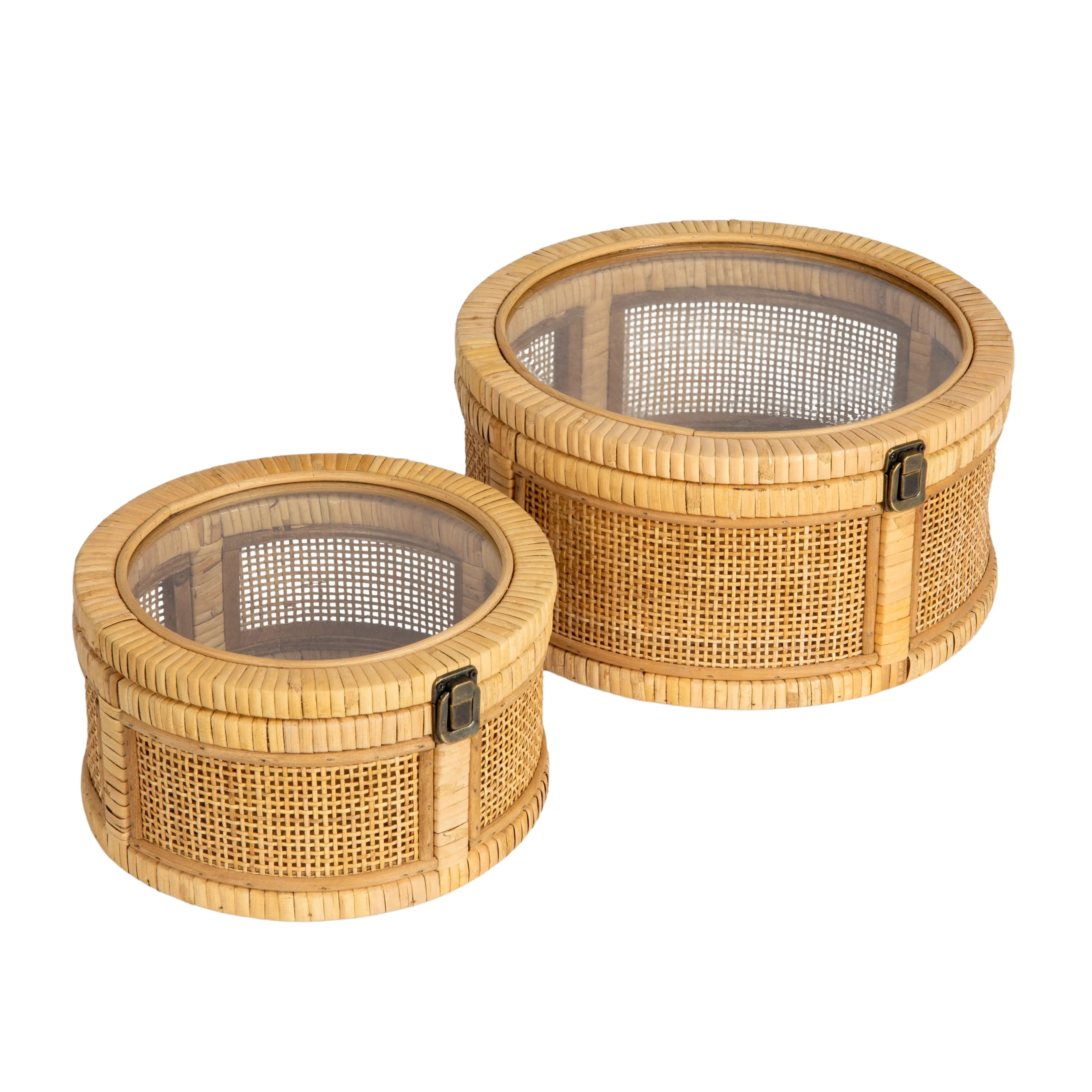 Rattan and wood Nestable Round Storage with Glass Lids, Natural, Set of 2 | Nordstrom | Nordstrom