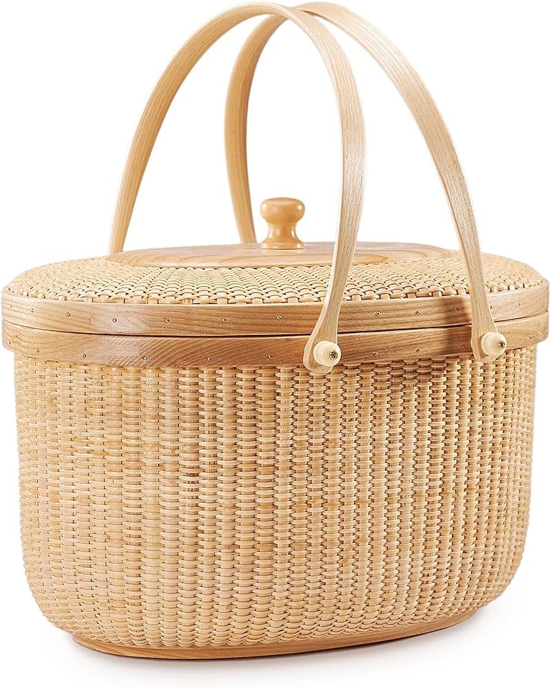 Nantucket Basket Picnic Basket Rattan Handmade Products Woven Sewing kit Storage Basket Two Swing... | Amazon (US)