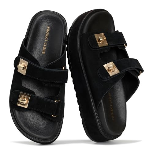 Project Cloud 100% Genuine Leather Platform Sandals Women - Memory Foam Insole Slides Women with Adjustable Buckle - Non Slip and Lightweight Womens Sandals 2026 (Havana, BLKSDE, 8.5) | Amazon (US)