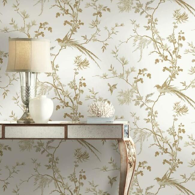 Bird And Blossom Chinoserie Wallpaper in White and Gold from the Ronald Redding 24 Karat Collecti... | Burke Decor