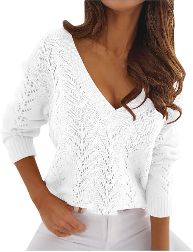Women's Casual V Neck Solid Color Shirts Long Sleeve Hollow Out Sweater Tops Loose Comfy Lightwei... | Amazon (US)