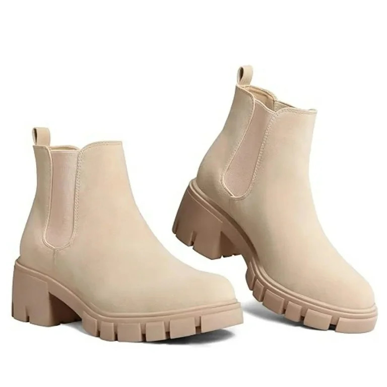 Pennysue Women's Platform Chelsea Booties Beige Round Toe Ankle Boots Size 7.5 | Walmart (US)