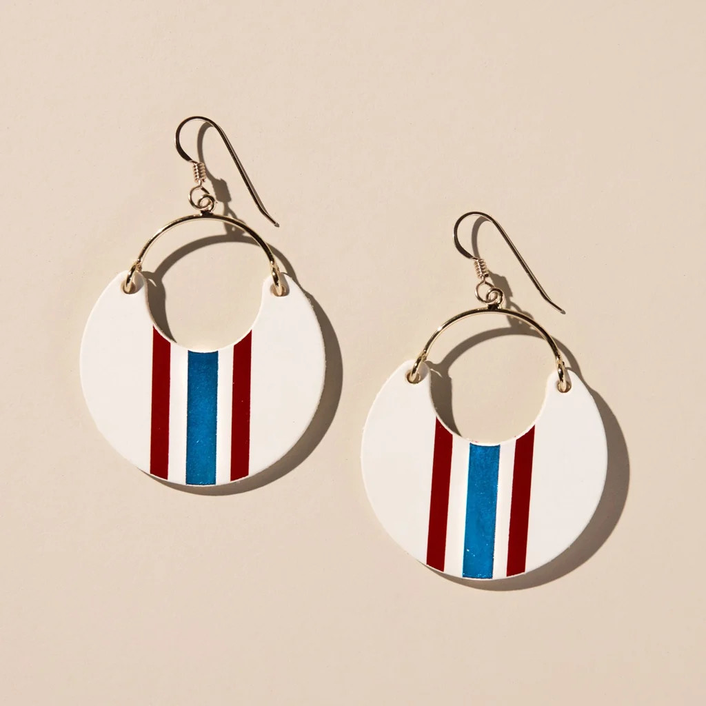 Red, White and Blue Rally Nina Leather Hoop Earrings | Nickel and Suede
