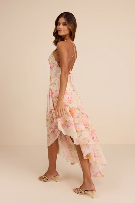 Mava Light Peach Multi Floral Asymmetrical Maxi Dress | Lulus