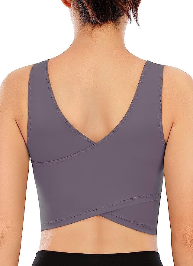 TASADA V-Neck Sports Bras for Women - Wirefree Padded Yoga Bra Running Workout Aesthetic Crop Tan... | Amazon (US)