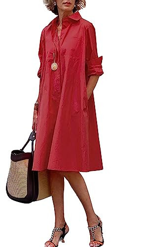 chouyatou Women's Spring Summer Button-Down Shirt Dress Loose A-Line Midi Shift Tunic Dress (Large, Red) | Amazon (US)
