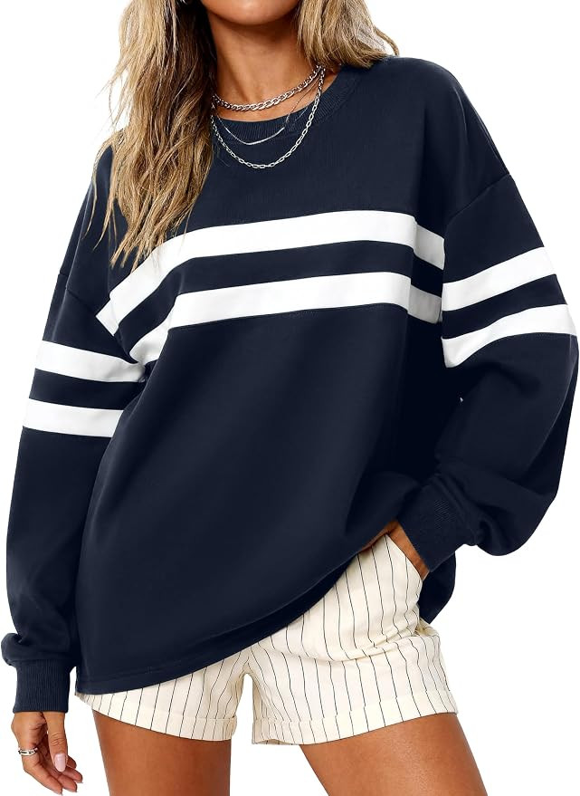 MASCOMODA Womens Striped Oversized Sweatshirt Fall Pullover | Crewneck Color Block Sweatshirts, D... | Amazon (US)