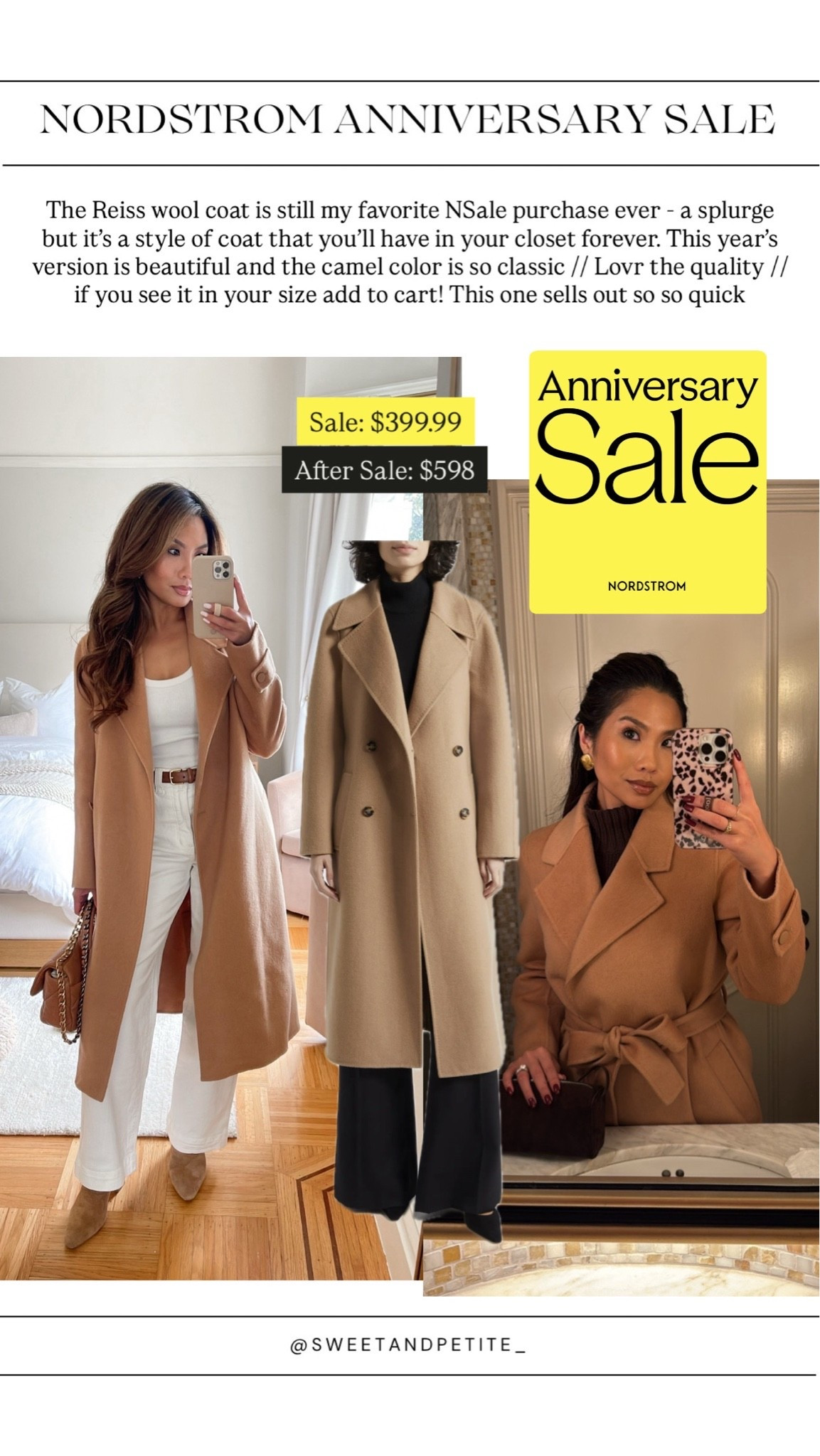 NSALE // The Reiss wool coat is still my favorite NSale purchase ever - a splurge but it’s a style of coat that you’ll have in your closet forever. This year’s version is beautiful and the camel color is so classic // Lovr the quality // if you see it in your size add to cart! This one sells out so so quick 

Sizing: I went up one size to a US 2 so I could wear thin sweaters with it! If you want to wear thicker sweaters I’d recommend sizing up 2 sizes. I also did get mine hemmed for length with a Nordstrom alteration credit I had to make it a perfect fit

#LTKSaleAlert #LTKPetite