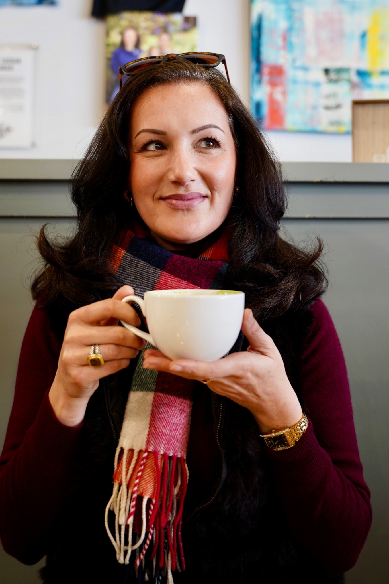 Cold winter mornings require cute cozy casual outfits with a pop of color to brighten your day. Cozy winter outfit featuring a cashmere turtleneck, plaid wool scarf, and fur vest styled with classic gold jewelry. A polished casual look for coffee dates, travel days, and chic cold-weather layering. 

#LTKdayinmylife #LTKSeasonal #LTKootd