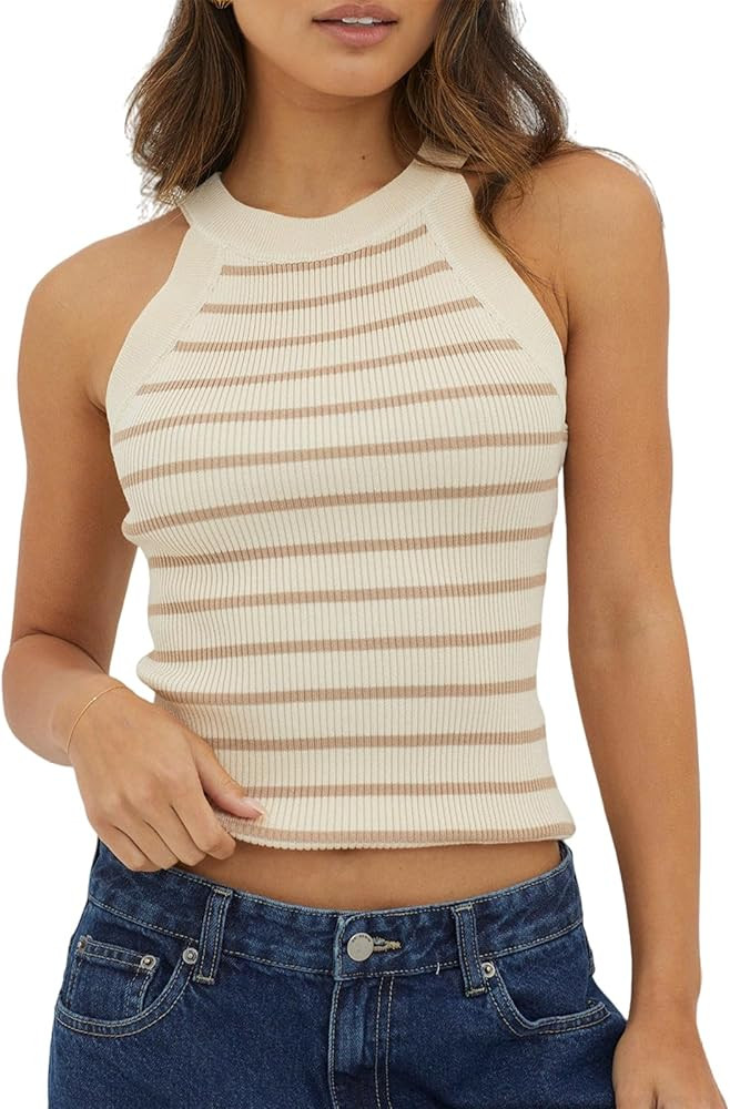 Women Striped Sleeveless Tank Top Summer Casual Slim Fit Basic Crop Tops Going Out Crew Neck Knit... | Amazon (US)