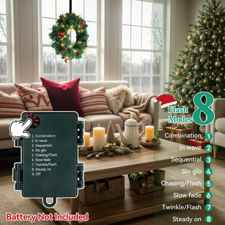 Ninonly 16Inch Christmas Wreath Pre-Lit Christmas Garlands 30 LEDs Lights 8 Modes Xmas Door Decor... | Walmart (US)