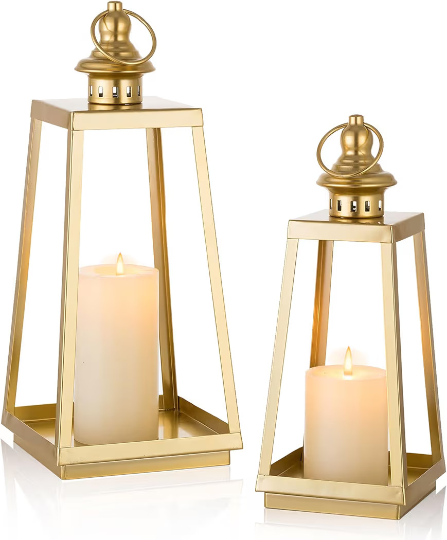 Gold Lanterns Decorative Indoor: Outdoor Front Porch Decor 12" & 15" Set of 2 Farmhouse Hanging L... | Amazon (US)