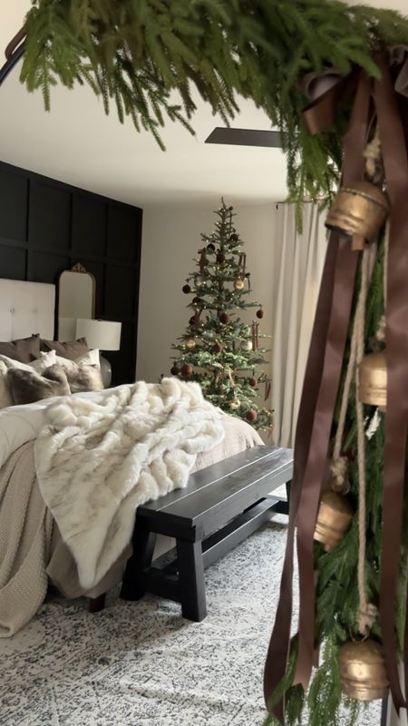 Christmas decor, bedroom decor, bed, mirror, Christmas tree, throw blanket, pillows, bench, lampp

#LTKHoliday #LTKVideo #LTKhome