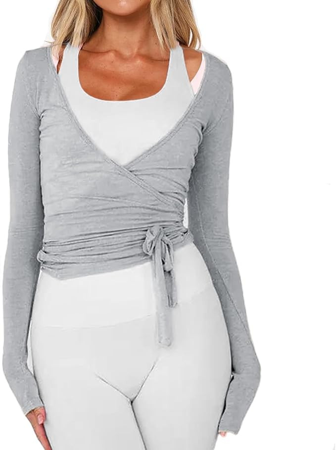 Women Wrap Top Long Sleeve Deep V Neck Cross Tie Workout Ballet Pilates Yoga Shirt | Amazon (US)