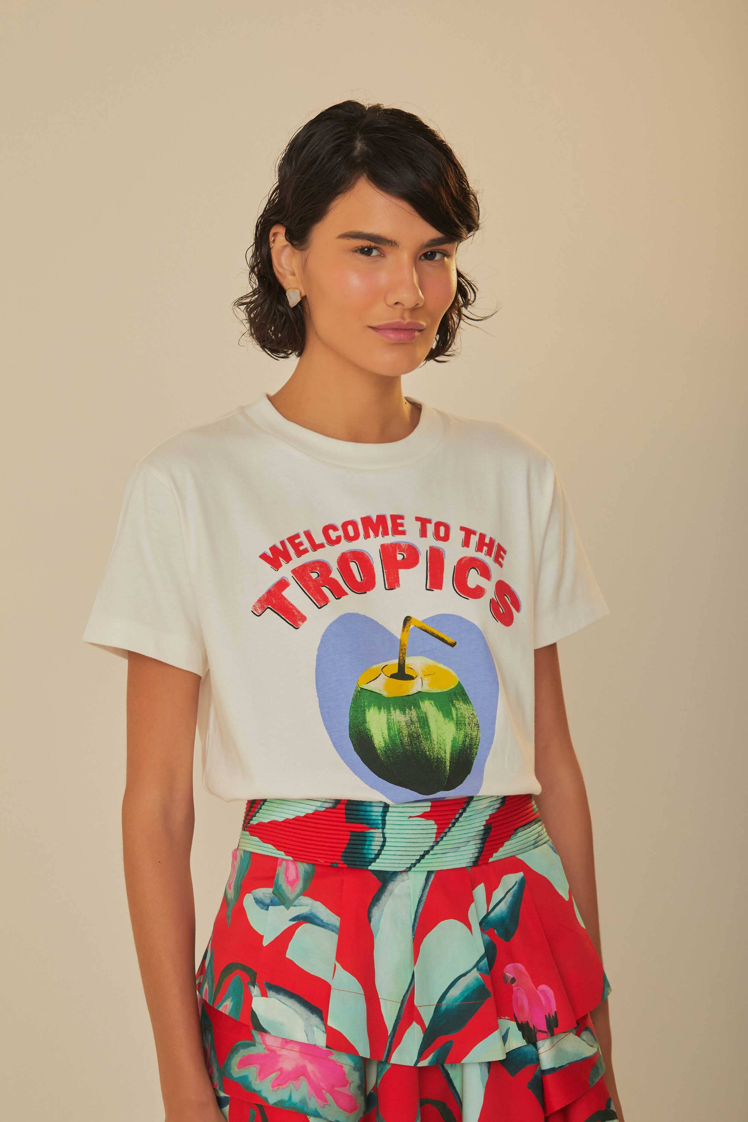 white welcome to the tropics organic cotton t-shirt | FarmRio (US)
