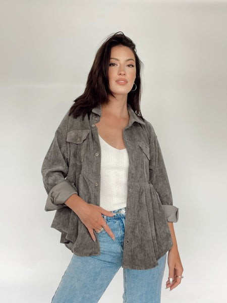 Charcoal Corduroy Peplum Top | Lane 201 Boutique