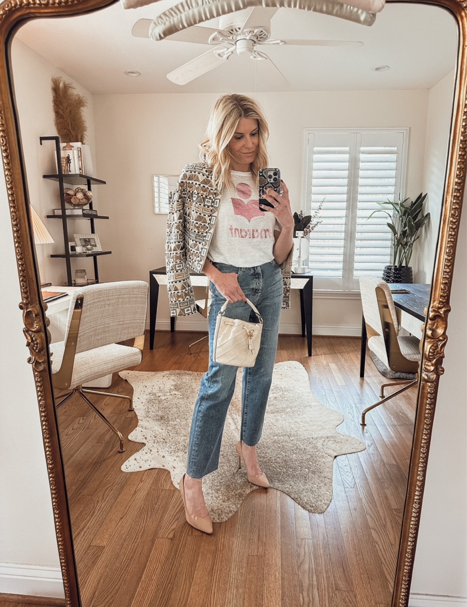 Spring workwear look 🤍 Isabel marant tee, Veronica beard jacket, Abercrombie jeans, bucket bag and nude pumps 

#LTKstyletip #LTKSeasonal #LTKworkwear